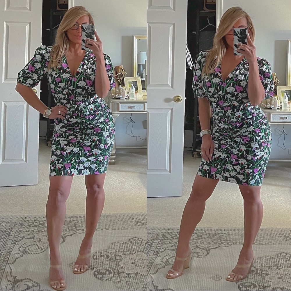 Veronica Beard Black Green Floral V-Neck Ruched Sheath Dress